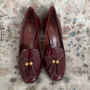 Gucci Women's Deep Burgundy Tassel Patent Leather Loafer Heels